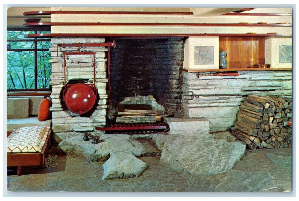 c1960 Living Room Fireplace Fallingwater Frank Wright Pennsylvania PA Postcard