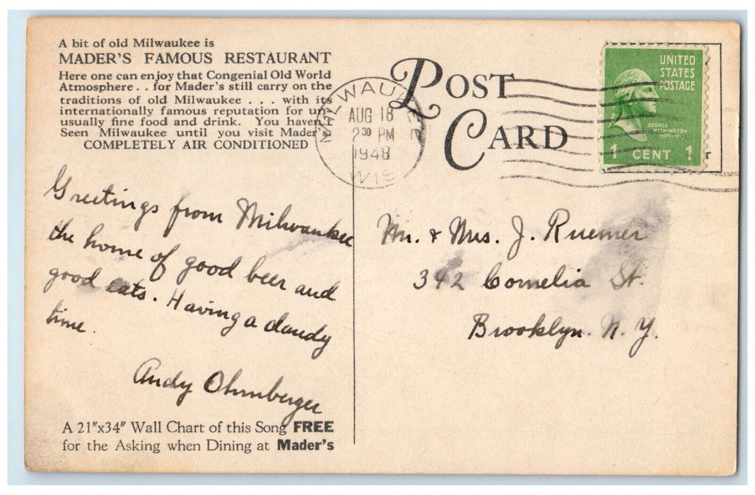 1948 Schnitzelbank Mader's Famous Restaurant Milwaukee Wisconsin WI Postcard