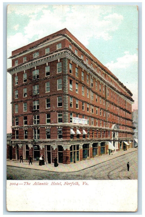 c1905 The Atlantic Hotel Building Street View  Norfolk VA Glitter Postcard