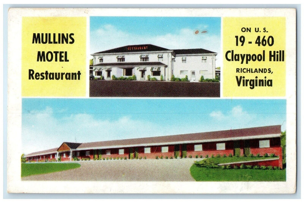 c1930's Mullins Motel Restaurant Richlands Virginia VA Dual View Postcard