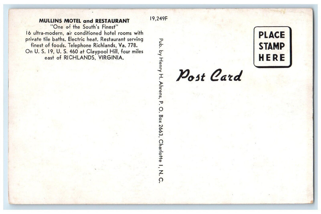 c1930's Mullins Motel Restaurant Richlands Virginia VA Dual View Postcard