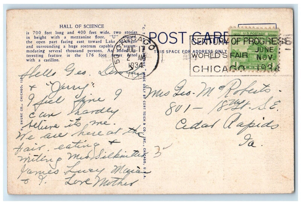 1934 View Of Hall Of Science Chicago World's Fair Illinois IL Vintage Postcard