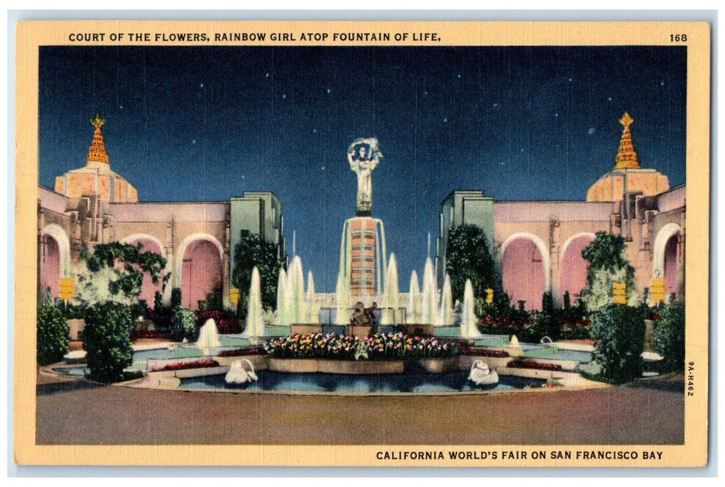 Court Of The Flowers Rainbow Girl Atop Fountain California World's Fair Postcard
