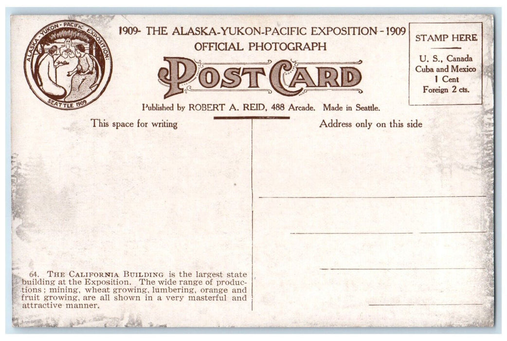 California Building Alaska Yukon Pacific Exposition Seattle 1909 Postcard