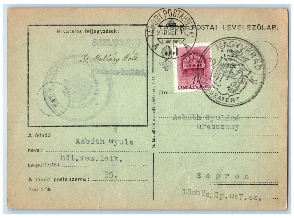 1940 Nagyvarad Visszatert Hungary Posted Vintage Levelezolap Postcard