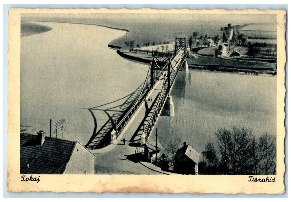 c1930's View of Tisa Bridge Tokaj Hungary Vintage Posted Weinstock Postcard