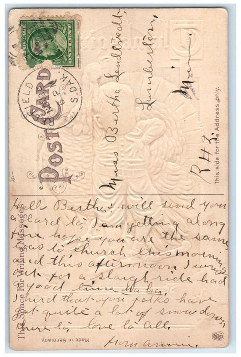 1909 Thanksgiving Boy And Turkey Hatchet Embossed Redfield SD Antique Postcard