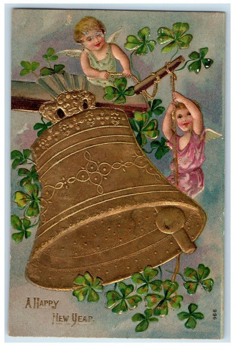 c1910's New Year Angels Ringing Big Bell Shamrock Embossed Antique Postcard