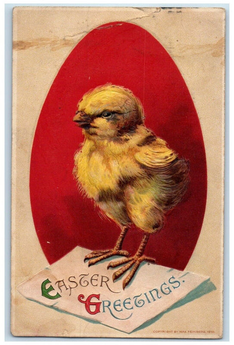 c1910's Easter Greetings Big Egg Chick Embossed Posted Antique Postcard