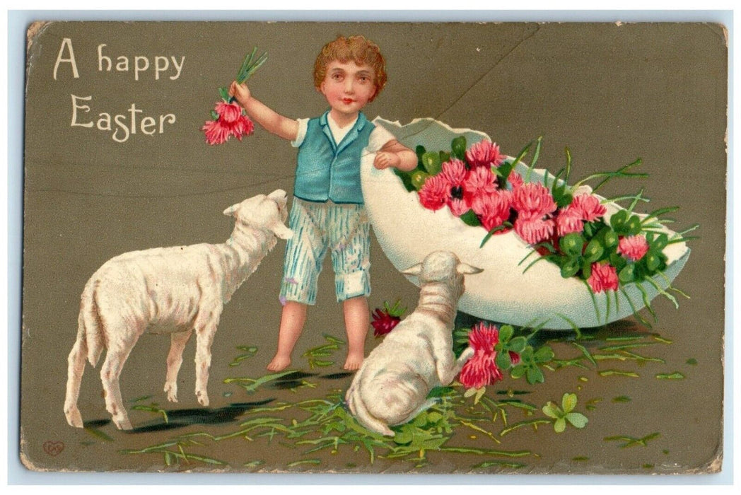 1911 Easter Boy Hatched Egg With Flowers And Clover Lamb Rushville IL Postcard