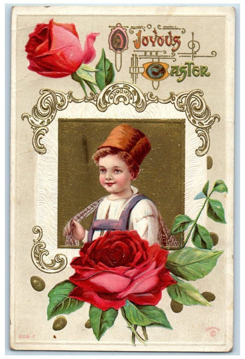 1913 Easter Boy Red Roses Flowers Boy Embossed Percy Illinois IL Posted Postcard