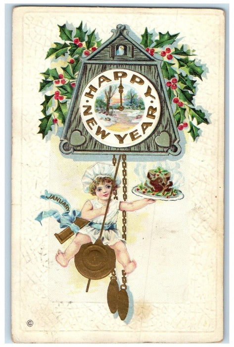 c1910's New Year Boy Holding Pie Ringing Bells Holly Berries Embossed Postcard