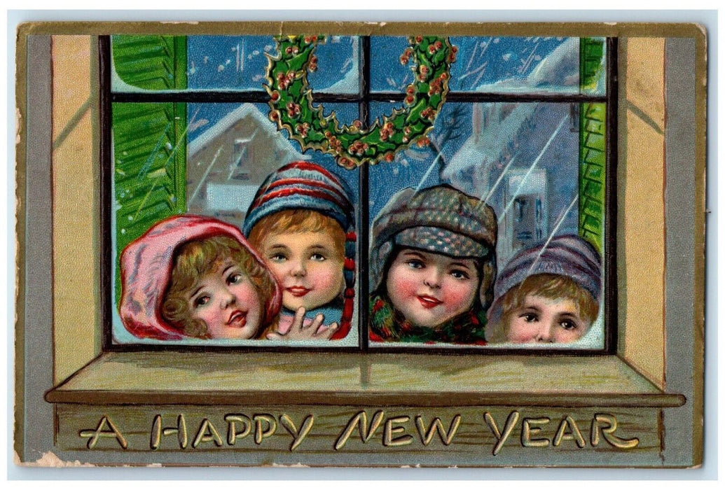 1908 New Year Children On Window Whreat Berries Embossed Keokuk IA Postcard