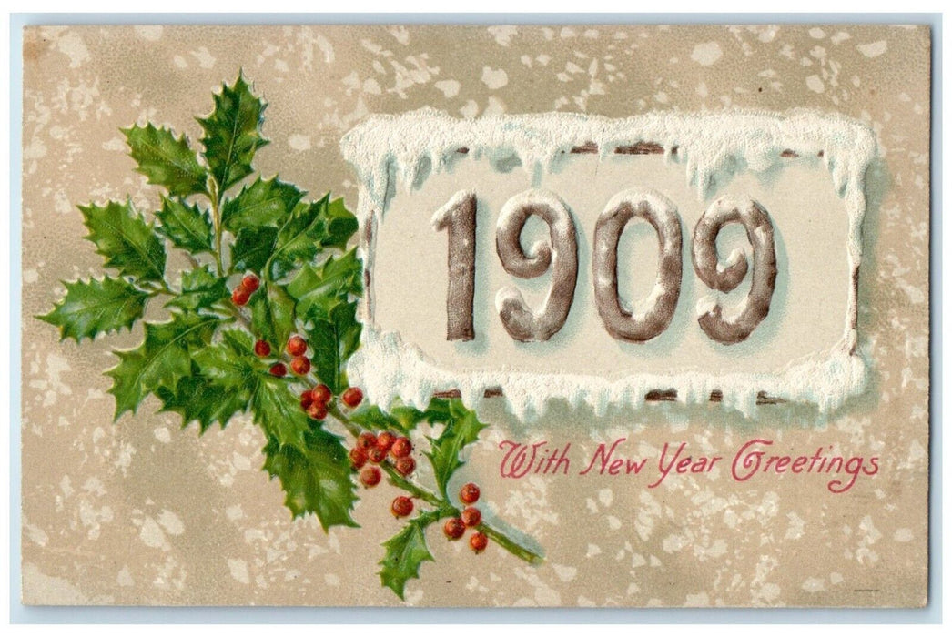 1909 New Year Greetings Large Number Holly Berries Winter Winsch Back Postcard