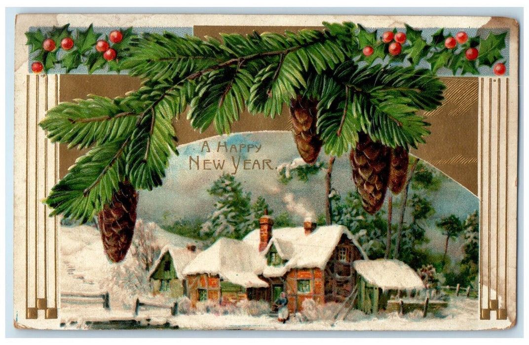 1911 New Year Pine Cone Holly Berries Embossed Ely Nevada NV Antique Postcard