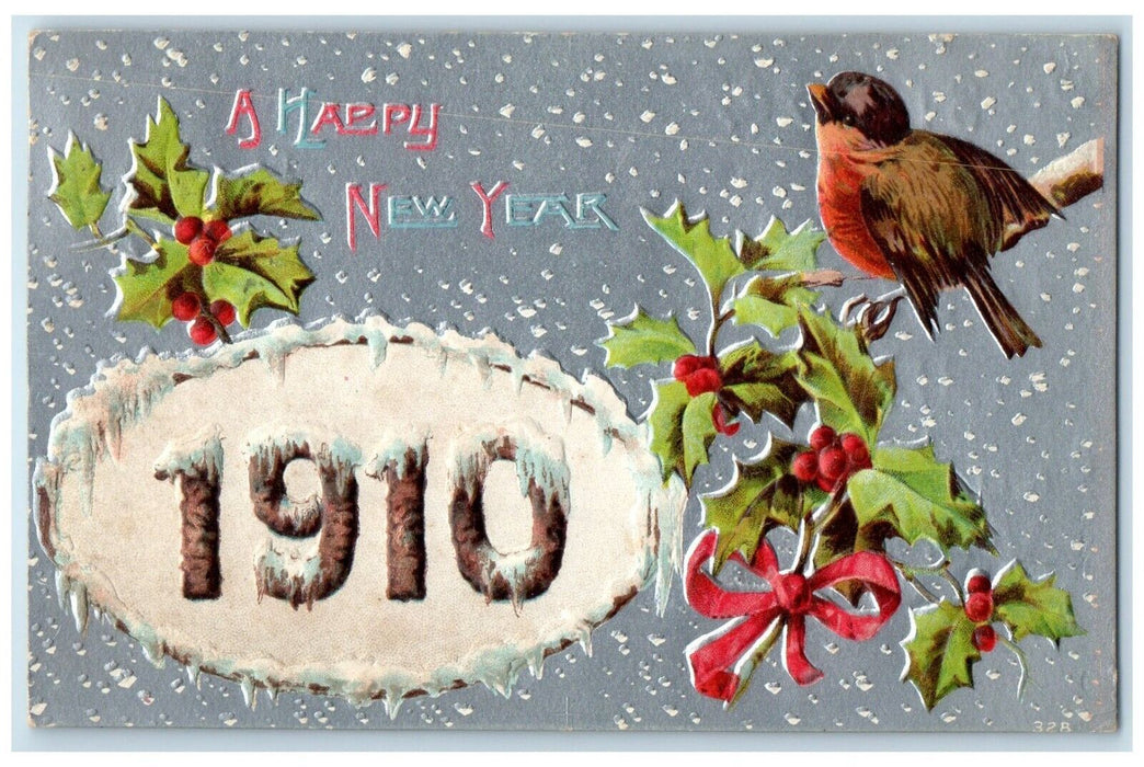 1910 New Year Large Number Song Bird Holly Berries Embossed Posted Postcard