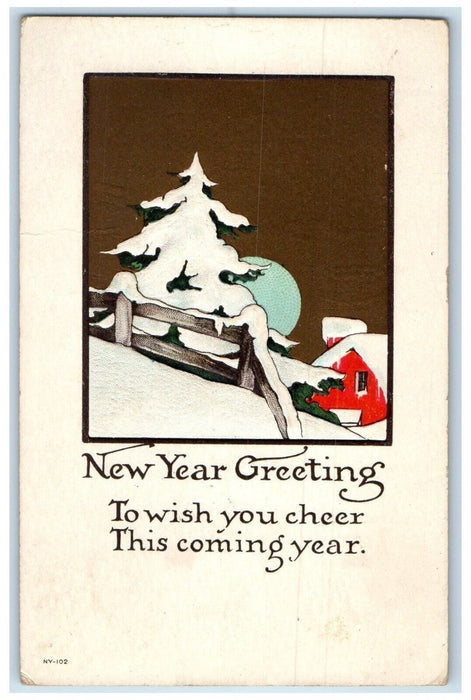 New Year Greeting Pine Tree Covered Snow Winter Arts Crafts Embossed Postcard