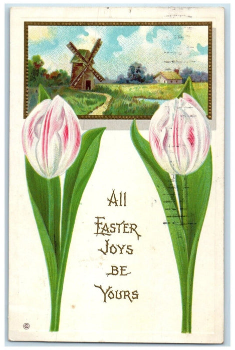 c1910's Easter Tulip Flowers Windmill Art Nouveau Embossed Augusta IL Postcard