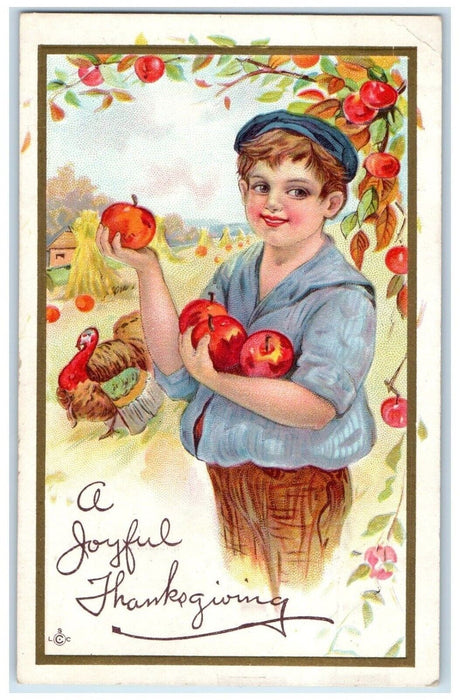 c1910's Thanksgiving Boy Harvested Apples Turkey Embossed Antique Postcard