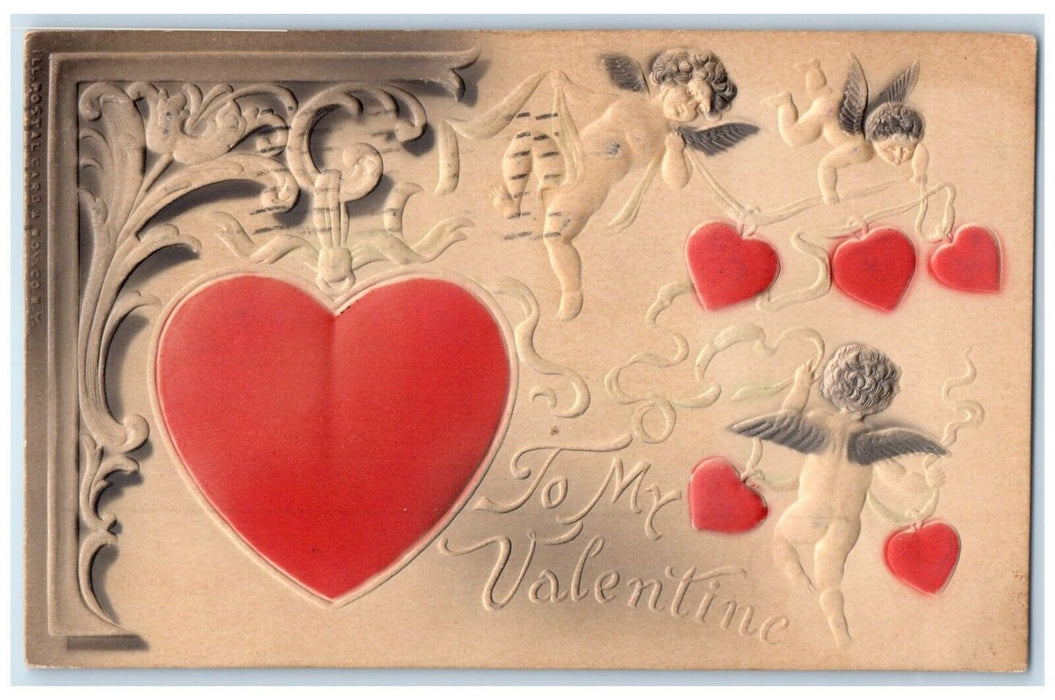 1910 Valentine Hearts Floating Angels Embossed Baltimore Iowa IA Posted Postcard