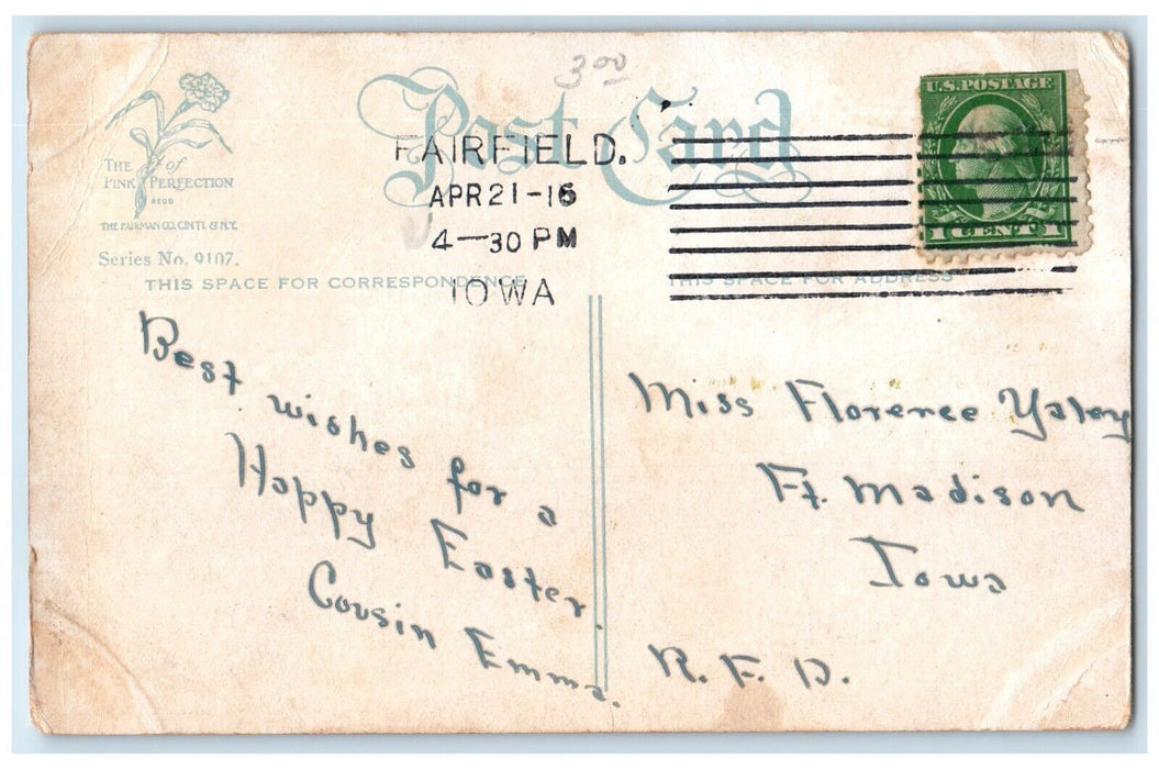 1916 Easter Boy Watering Chicks Watercan Flowers Shovel Fairfield IA Postcard