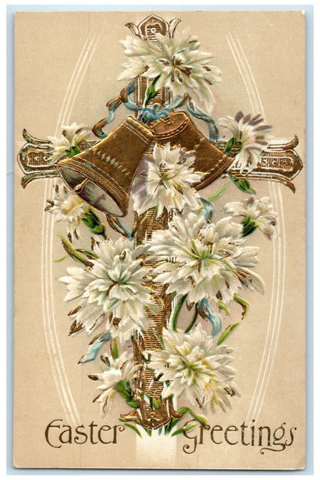 c1910's Easter Greetings Holy Cross Ringing Bells Flowers Embossed Postcard