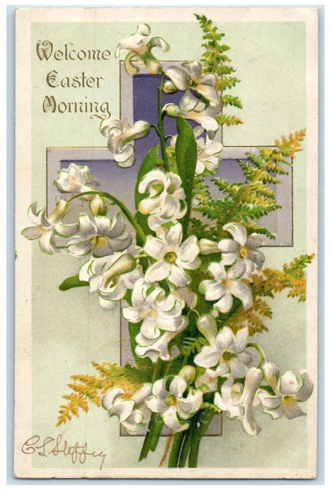 Easter Morning Holy Cross White Flowers Winsch Back Embossed Basco IL Postcard