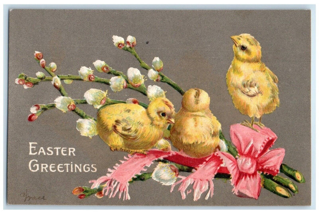 1908 Easter Greetings Baby Chicks And Pipe Berries Pink Ribbon Embossed Postcard