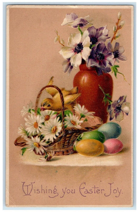 1908 Easter Eggs And Chick In Basket Daisy Flowers Ellisville IL Posted Postcard