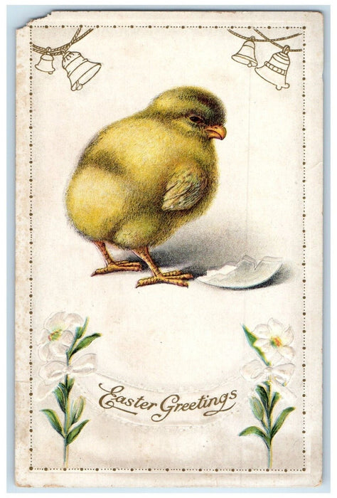 1916 Easter Greetings Chick Hatched Egg Bells Lily Flowers Embossed Postcard