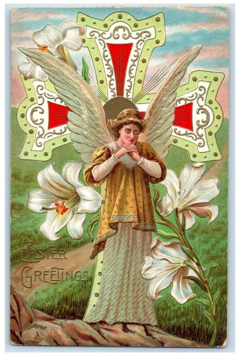 c1910s Easter Greetings Angel Praying Holy Cross Embossed Antique Postcard