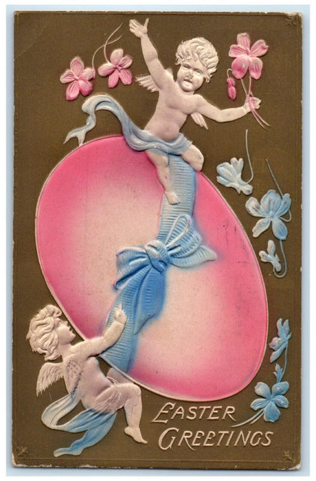 1913 Easter Greetings Big Egg Angels Flowers Airbrushed Embossed Posted Postcard
