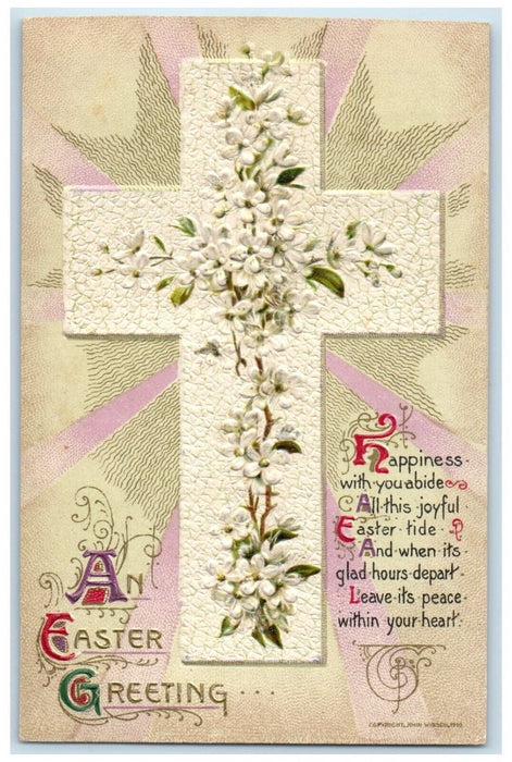 c1910's Easter Greeting Holy Cross White Flowers Winsch Back Embossed Postcard