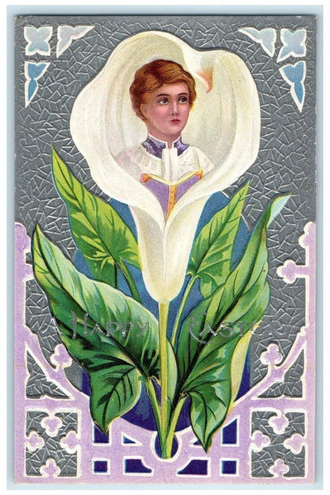 1911 Easter Greeting Boy In White Flower Embossed Shannon Illinois IL Postcard