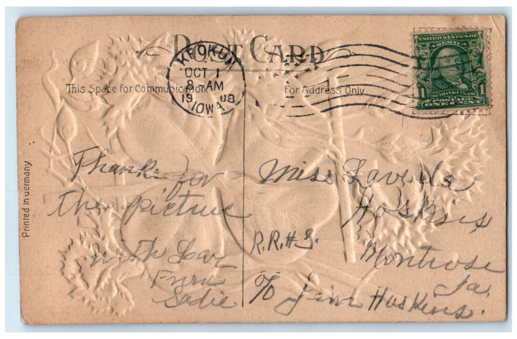 1908 Easter Big Shamrock And Flowers Embossed Keokuk Iowa IA Antique Postcard