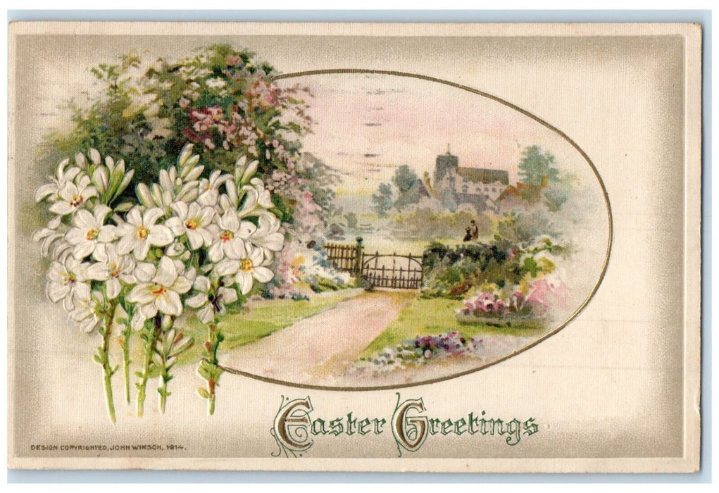 Easter Greetings White Flowers John Winsch Artist Signed Davenport IA Postcard