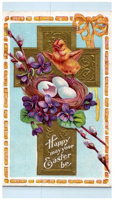 c1910's Easter Holy Cross Chick Pipe Berry Flowers Nash Embossed Posted Postcard
