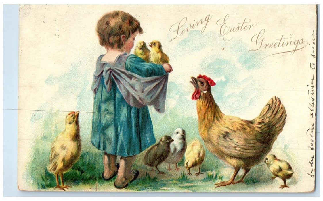 1907 Easter Greetings Little Kid Playing Chicks Chicken Hen Tuck's Postcard