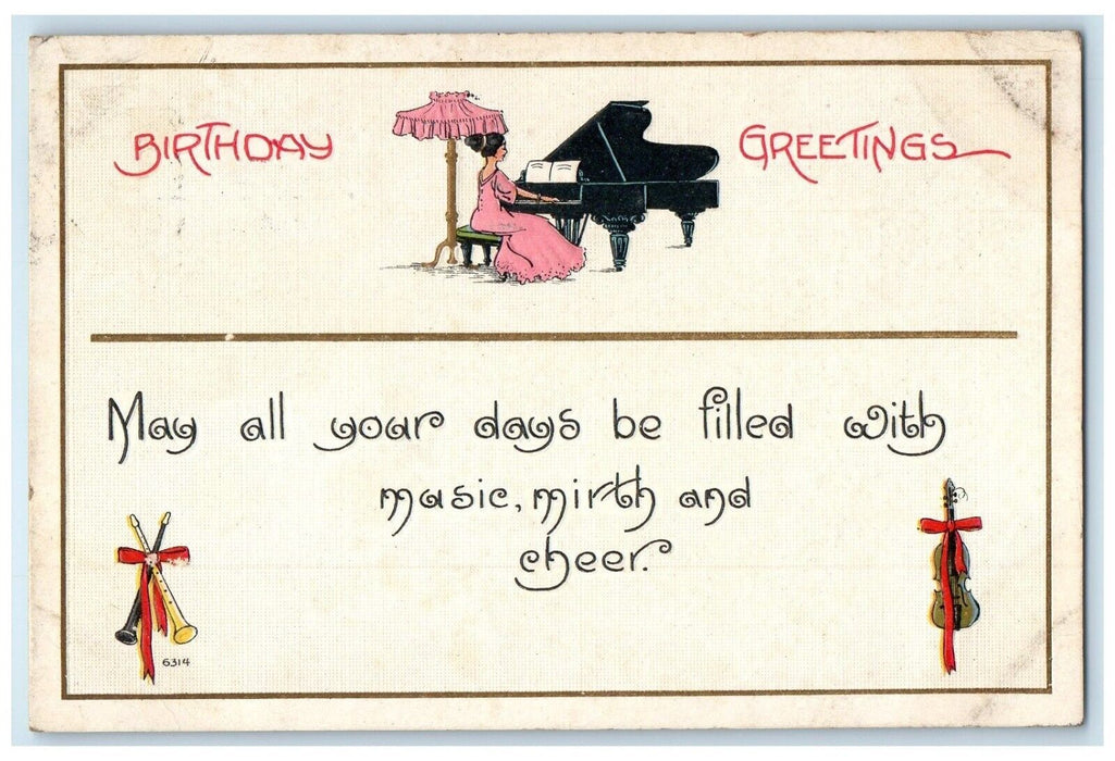 c1910's Birthday Greetings Woman Playing Grand Piano Embossed Antique Postcard