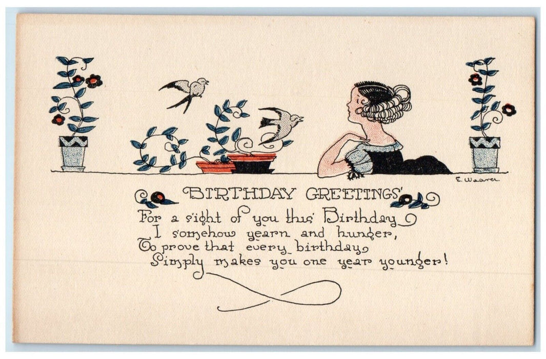 c1910's Birthday Greetings Woman Birds And Flowers Weaver Antique Postcard