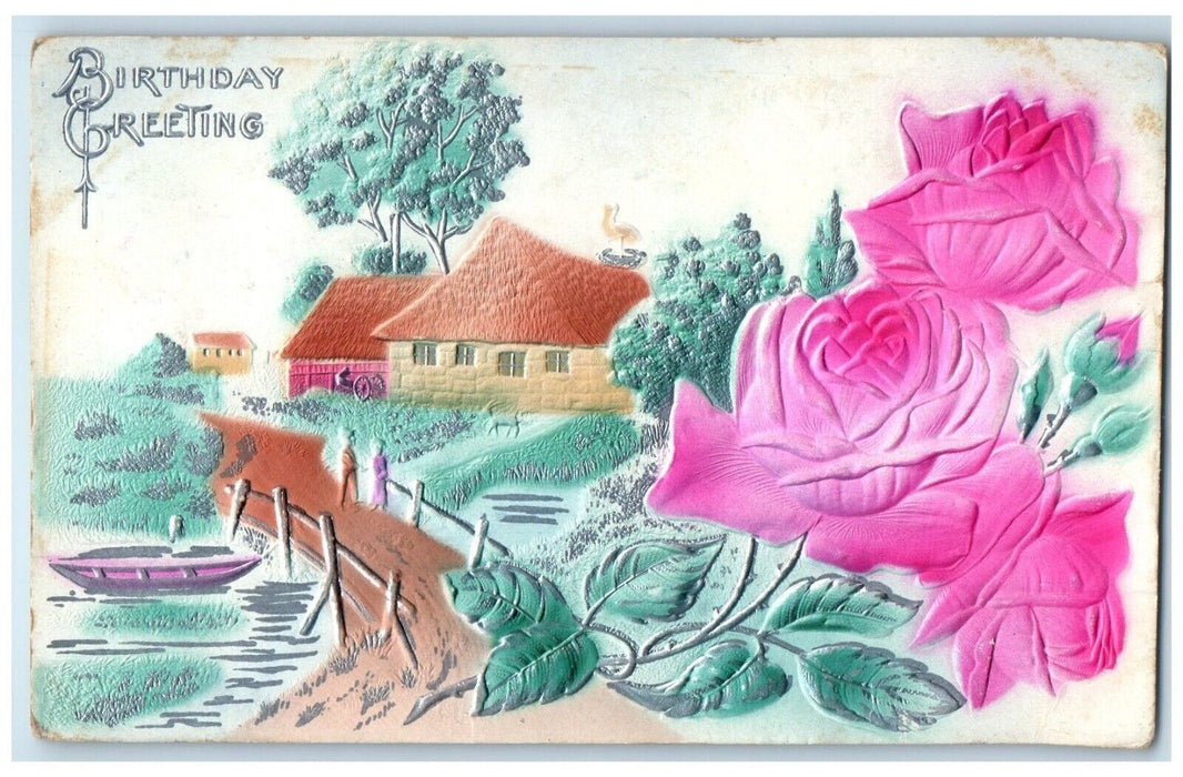 c1910's Birthday Greeting House River Boat And Flowers Airbrushed Postcard