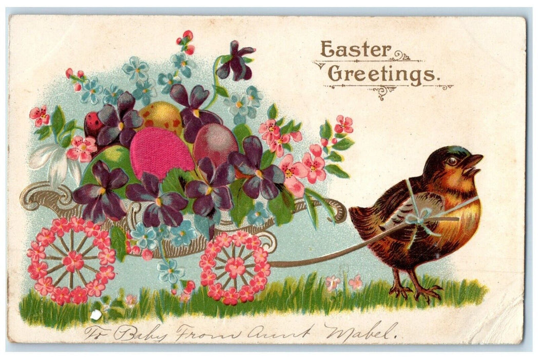 Easter Greetings Chick Pulling Cart With Eggs And Flowers Embossed Postcard