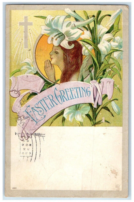 1909 Easter Greeting Woman Holy Cross Lily Flowers Hannibal Missouri MO Postcard