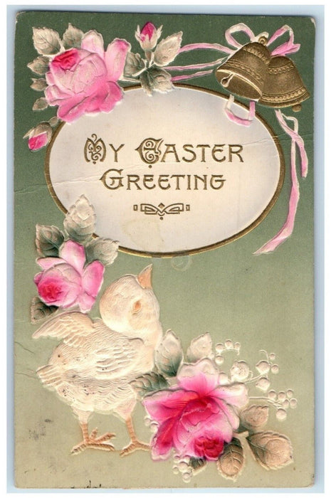 1913 Easter Greeting Ringing Bell Chick Flowers Embossed Solon Iowa IA Postcard