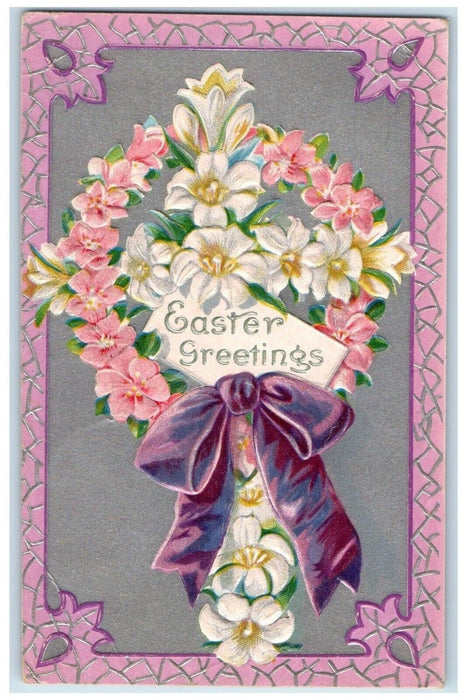 c1910's Easter Greetings Lily Flowers Embossed Ely Iowa IA Antique Postcard