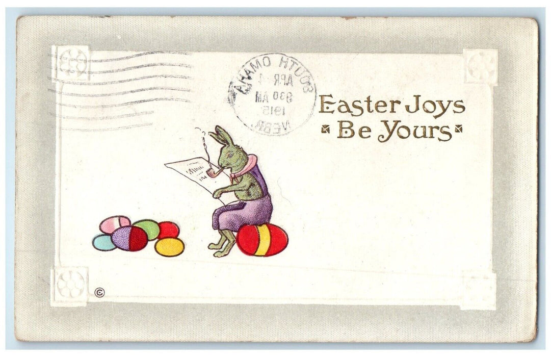 1915 Easter Anthropomorphic Rabbit Smoking Pipe Eggs South Omaha NE Postcard
