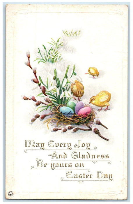 c1910's Easter Eggs Chick In Nest Pipe Berry Flowers Embossed Antique Postcard