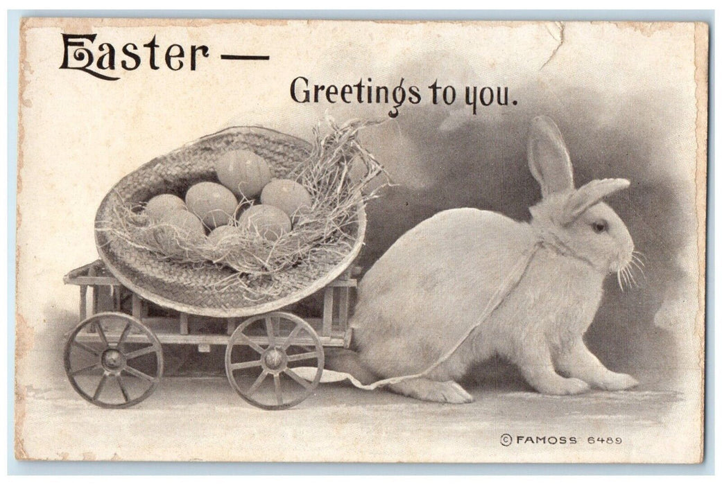 c1910's Easter Greetings Rabbit Pulling Wagon Toy Eggs In Hat Antique Postcard