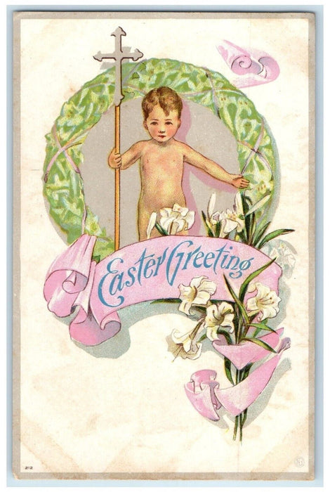 c1910's Easter Greeting Little Boy Holding Cross Lily Flowers Antique Postcard
