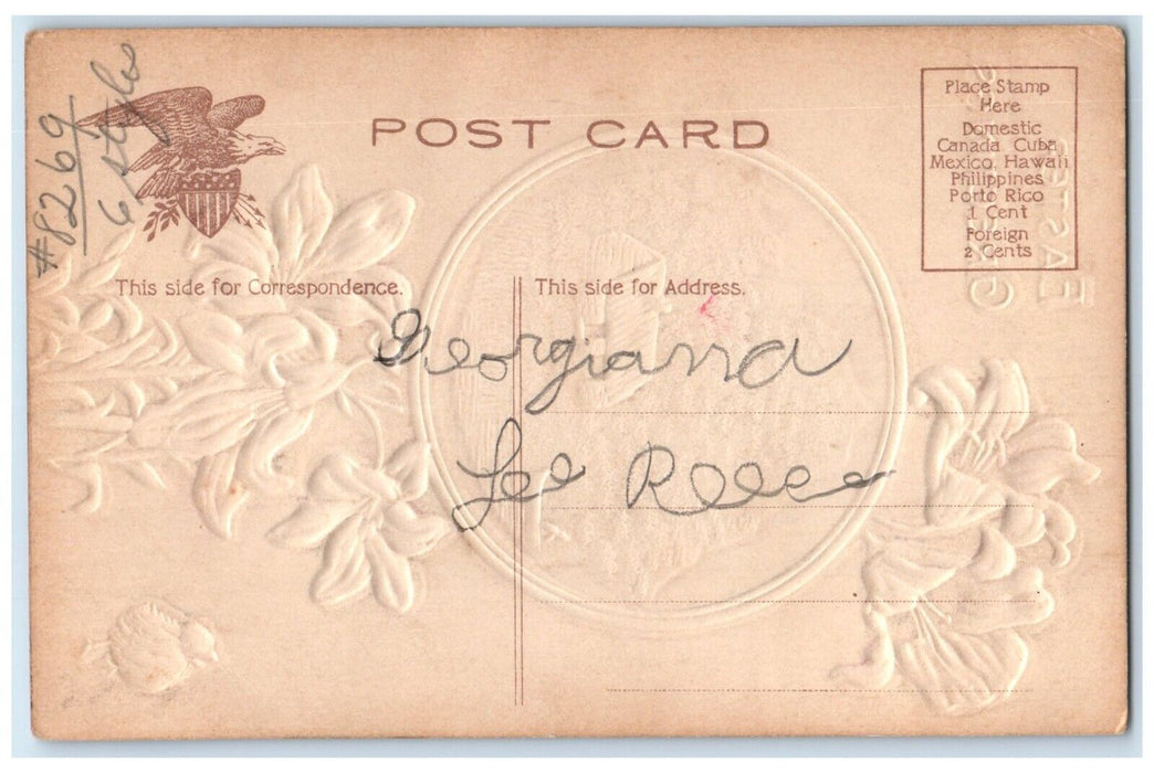 c1910's Easter Greetings House River Boat Lilies Flowers Embossed Postcard